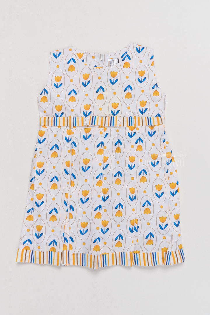 The Nesavu Baby Cotton Frocks Simple Cotton Frocks for Infants with Yellow Tulip Print and Striped Waistband Nesavu 14 (6M) / Yellow BFJ715B-14 Simple Cotton Frocks Infants Yellow Tulip Print Breathable Fabric | The Nesavu