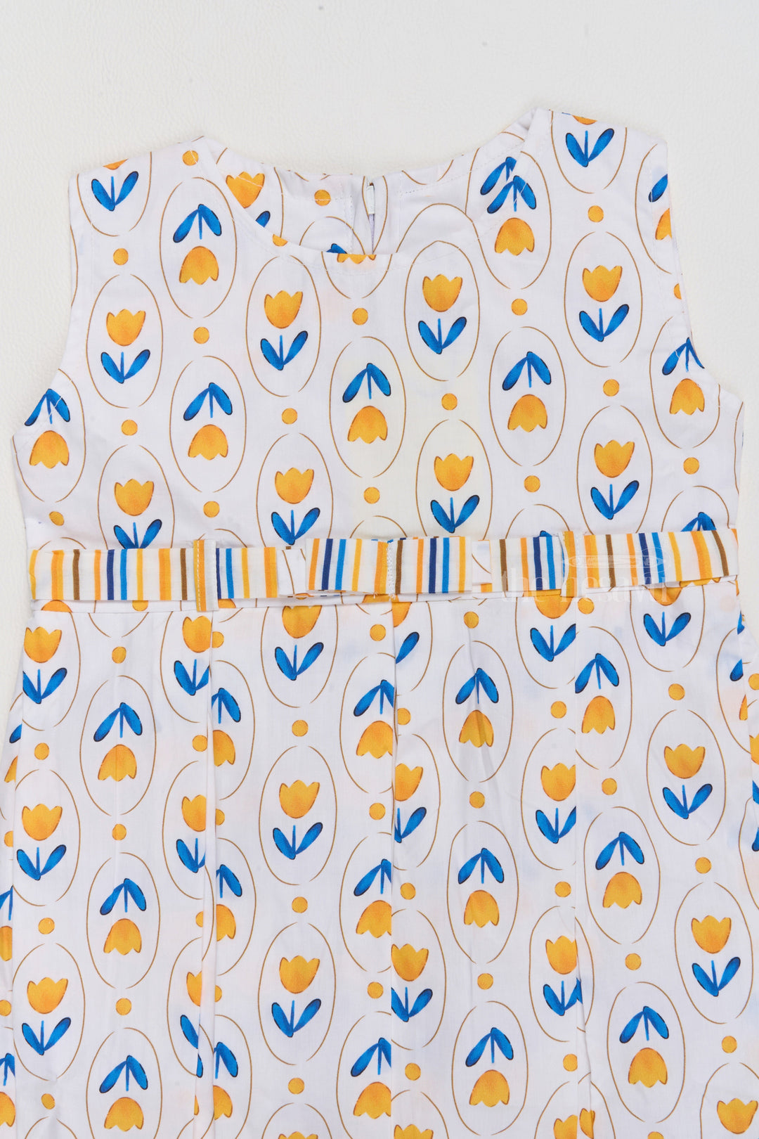 The Nesavu Baby Cotton Frocks Simple Cotton Frocks for Infants with Yellow Tulip Print and Striped Waistband Nesavu Simple Cotton Frocks Infants Yellow Tulip Print Breathable Fabric | The Nesavu