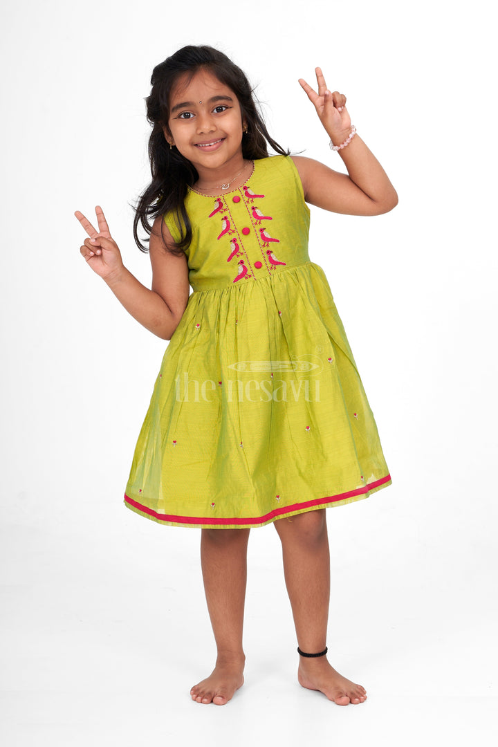 The Nesavu Girls Cotton Frock Simple Cotton Frocks for Ladies in Chanderi Silk with Bird Embroidery, Perfect for Festive Gatherings Nesavu 16 (1Y) / Green GFC1461A-16 Simple Cotton Frocks Ladies Bird Embroidery Chanderi Silk Nesavu Ideal Festive Gatherings