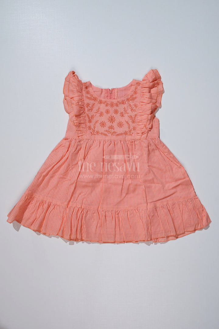 The Nesavu Girls Cotton Frock Simple Evening Dress for Girls in Cotton with Yoke Embroidery and Ruffled Hem Nesavu 20 (3Y) / Peach GFC1621A-20 Simple Evening Dress Girls Cotton Yoke Embroidery Ruffled Hem | The Nesavu