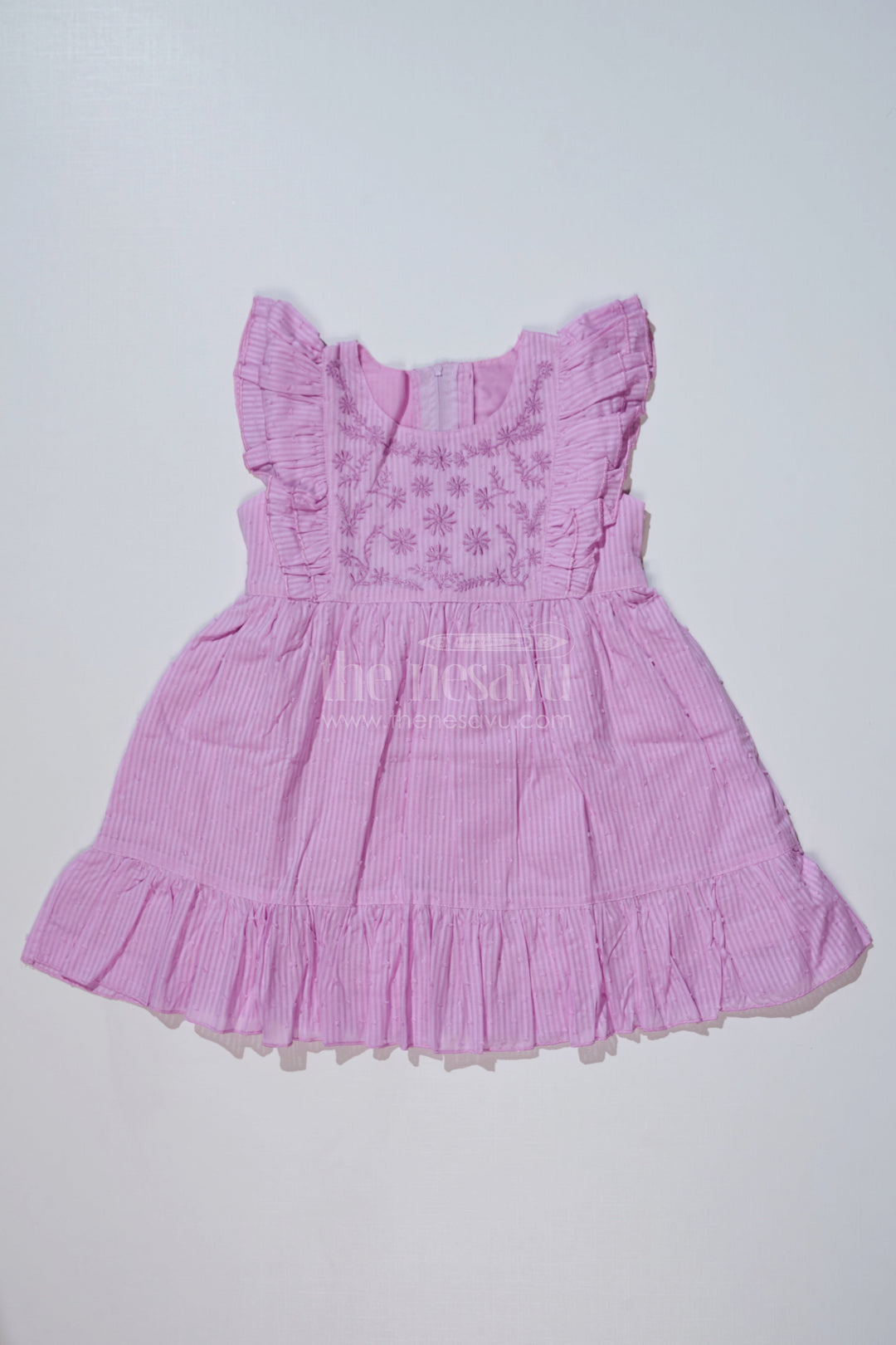 The Nesavu Girls Cotton Frock Simple Short Dress for Girls in Cotton with Yoke Embroidery and Ruffled Hem Nesavu 20 (3Y) / Purple GFC1621B-20 Simple Short Dress Girls Cotton Yoke Embroidery Ruffled Hem | The Nesavu