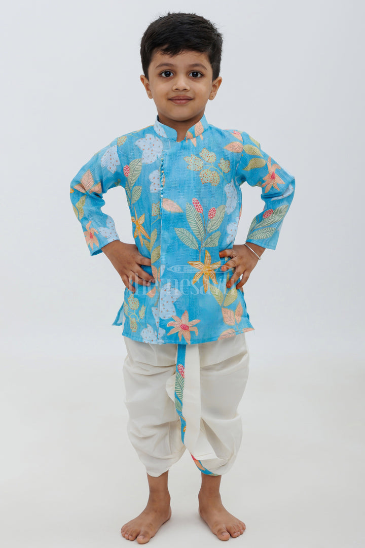 The Nesavu Boys Dothi Set Sky Blue Cotton Digital Print Kurta with Dhoti Pajama Set Nesavu 12 (3M) / Blue BES565A-12 Sky Blue Cotton Digital Print Kurta with Dhoti Pajama Set for Boys - Nesavu