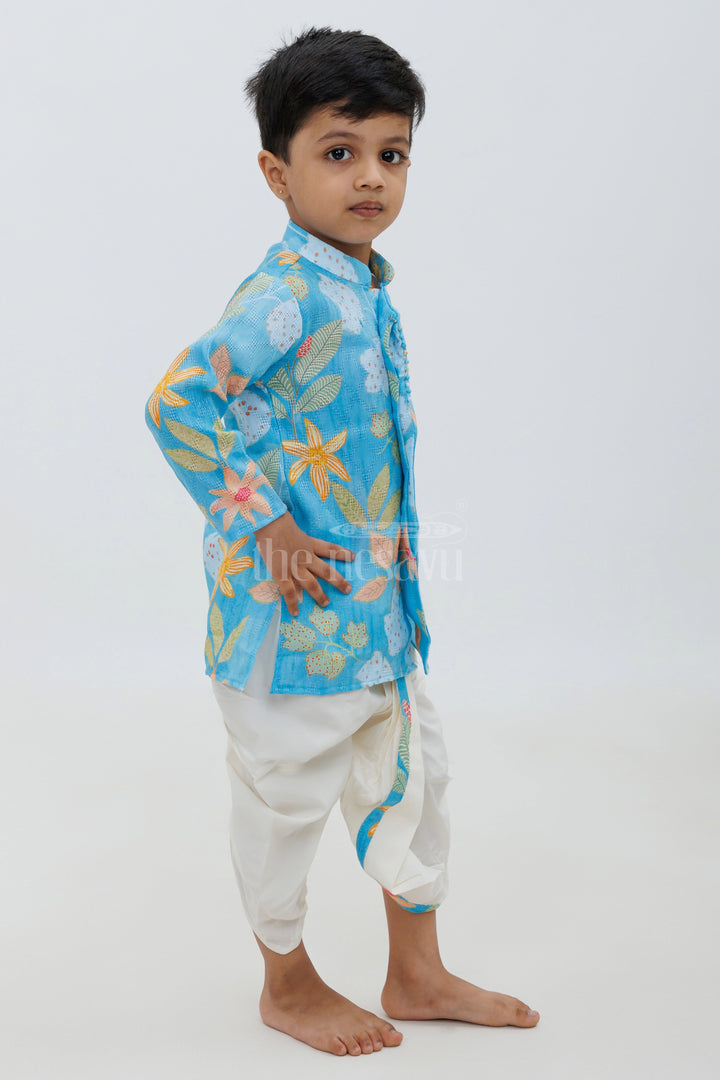 The Nesavu Boys Dothi Set Sky Blue Cotton Digital Print Kurta with Dhoti Pajama Set Nesavu Sky Blue Cotton Digital Print Kurta with Dhoti Pajama Set for Boys - Nesavu