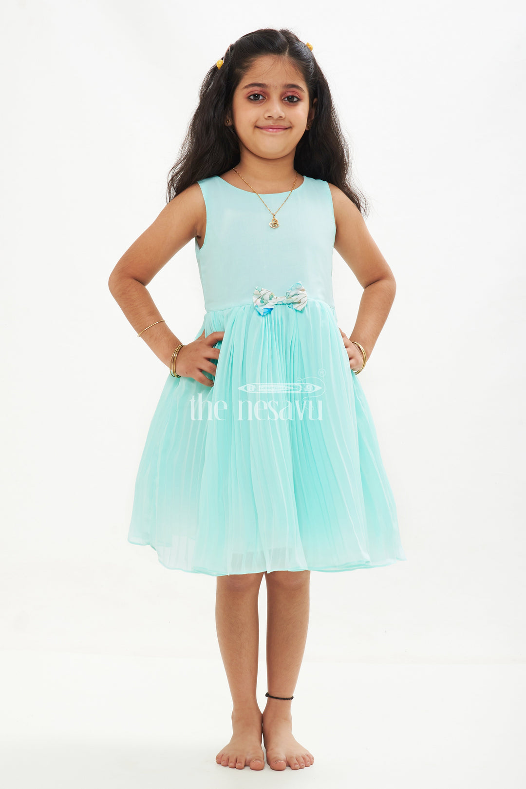 The Nesavu Girls Fancy Frock Sky Blue Georgette Pleated Frock with Floral Jacket for Girls Nesavu