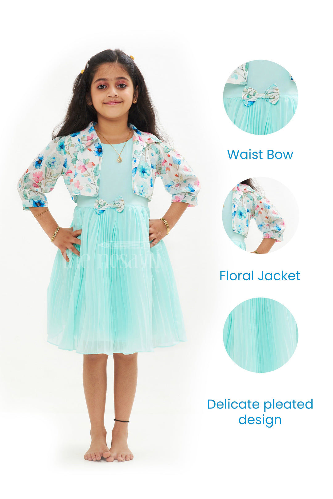 The Nesavu Girls Fancy Frock Sky Blue Georgette Pleated Frock with Floral Jacket for Girls Nesavu