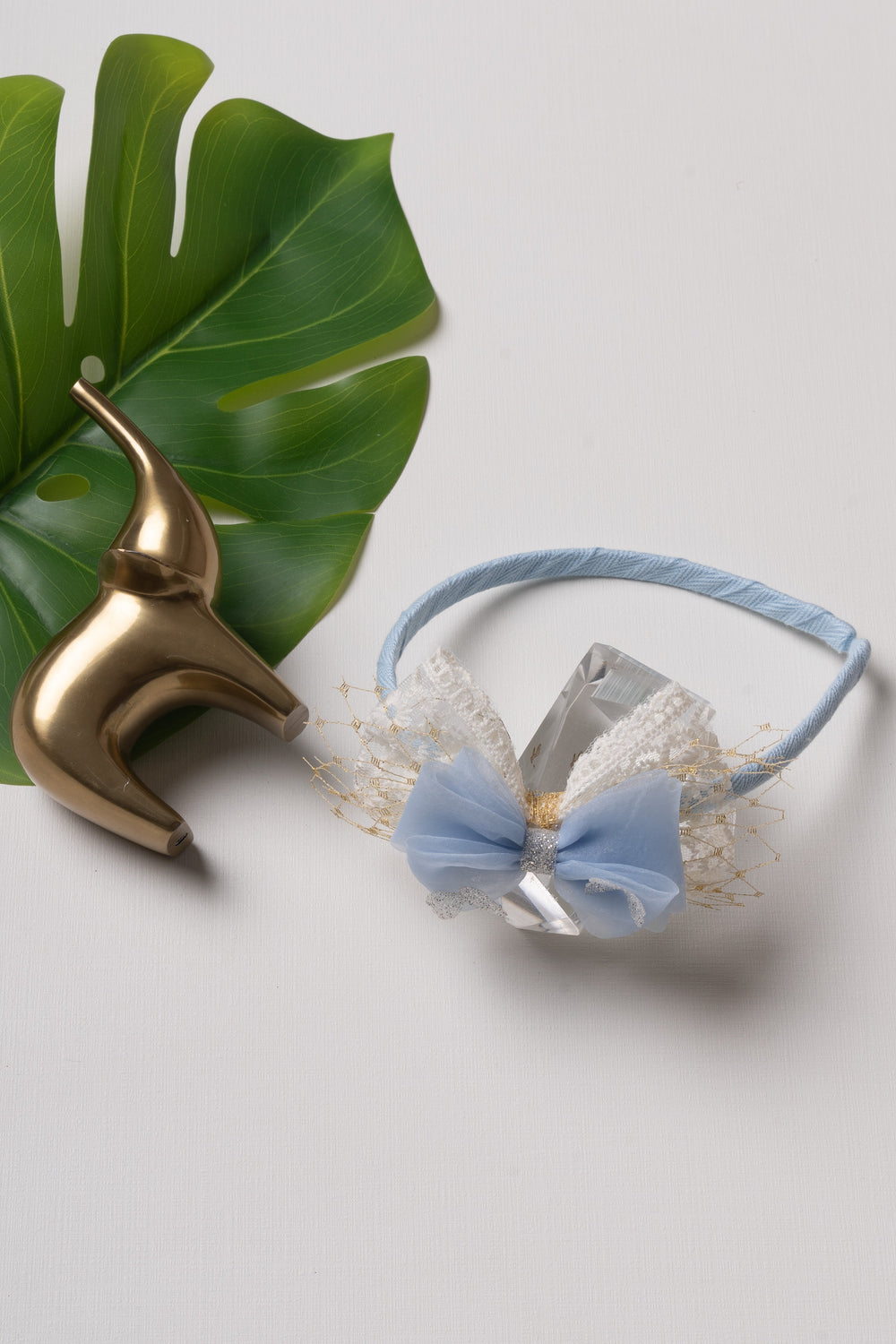 The Nesavu Hair Band Sky Blue Serenity Butterfly Hairbow with Golden Lace Nesavu Blue JHB79D Butterfly Bow with Sky Blue Satin and Golden Lace | Whimsical Hair Accessory | The Nesavu