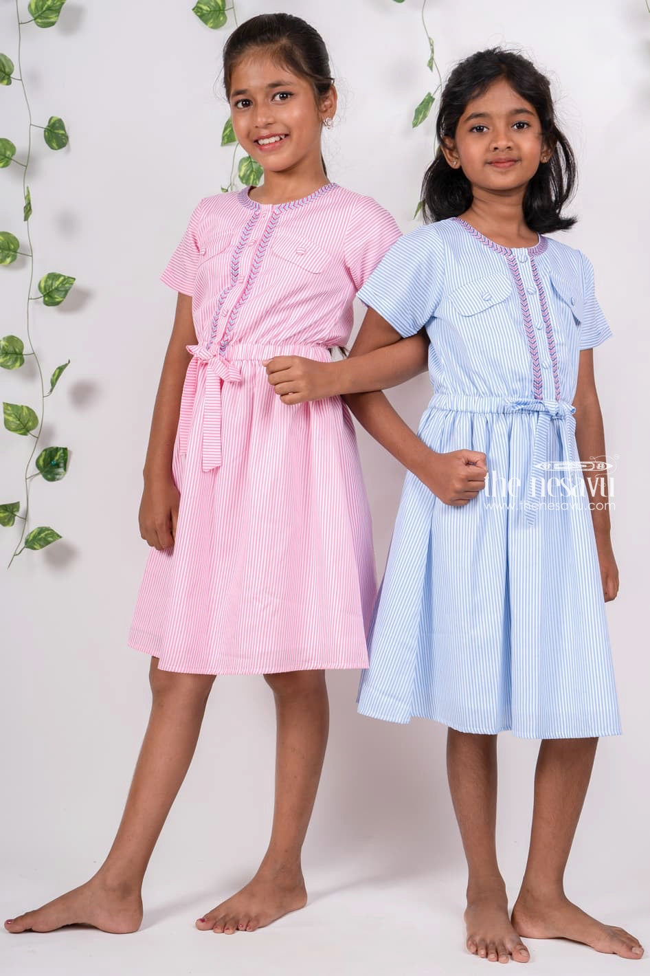 The Nesavu Girls Cotton Frock Sky Blue Striped Designer Soft Cotton Casual For Summer Nesavu Cotton Frock For Girls On Sale | Latest Designer Neck Ideas | The Nesavu