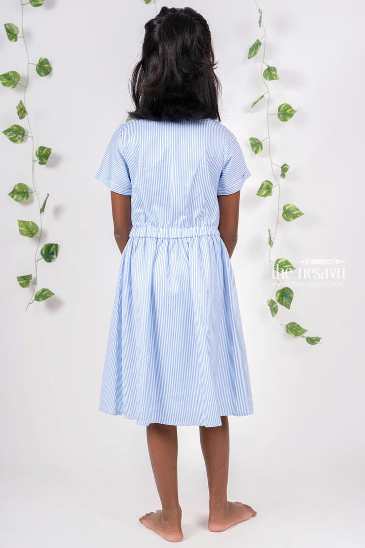 The Nesavu Girls Cotton Frock Sky Blue Striped Designer Soft Cotton Casual For Summer Nesavu Cotton Frock For Girls On Sale | Latest Designer Neck Ideas | The Nesavu