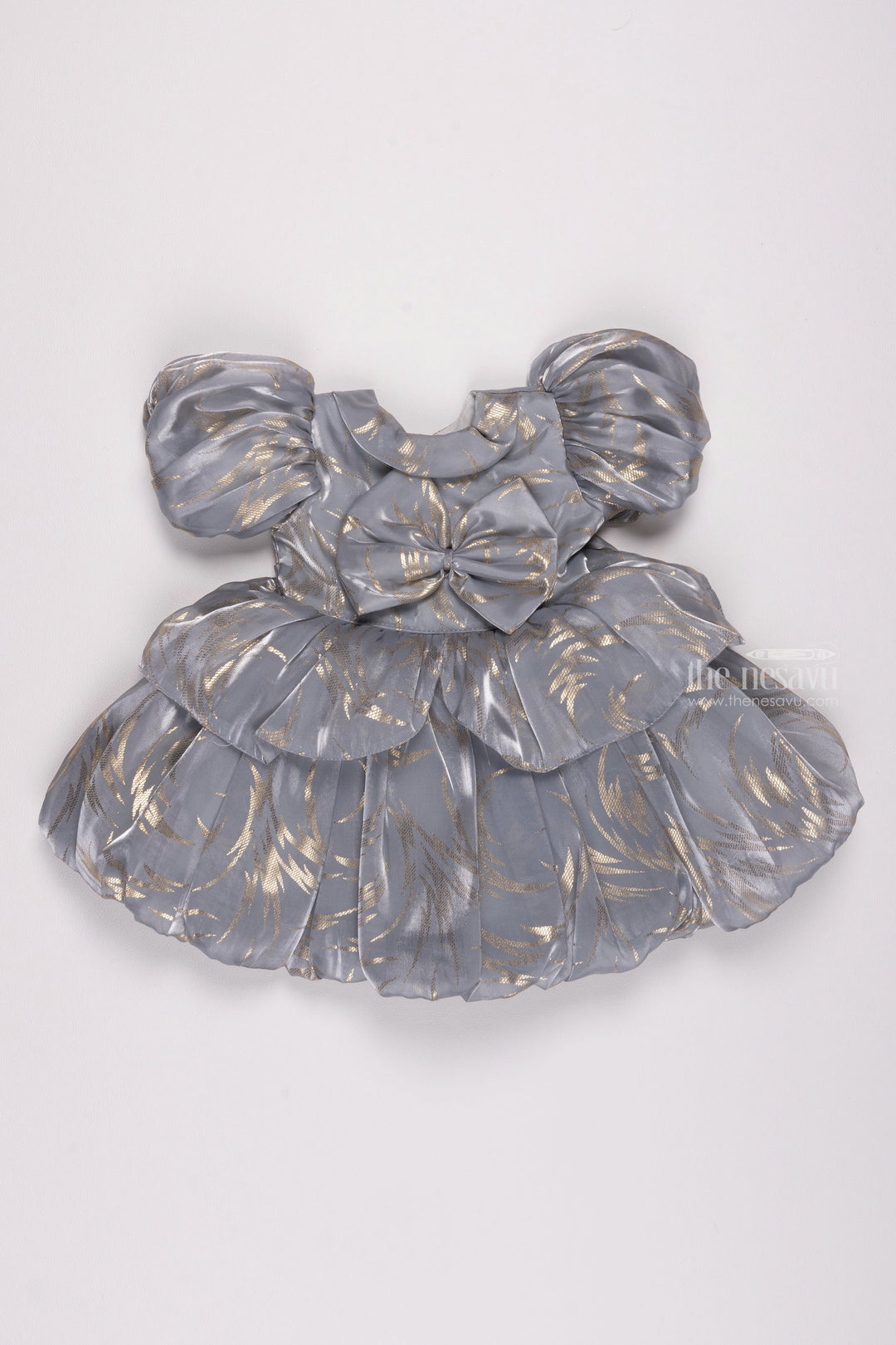 The Nesavu Girls Fancy Party Frock Slate Sophistication: Foil Printed Organza Party Dress with Bow Embellishment for Girls Nesavu 12 (3M) / Gray / Organza PF140A-12 Enchanting First Birthday Dresses: Shop Designer Baby Girl Frocks | The Nesavu