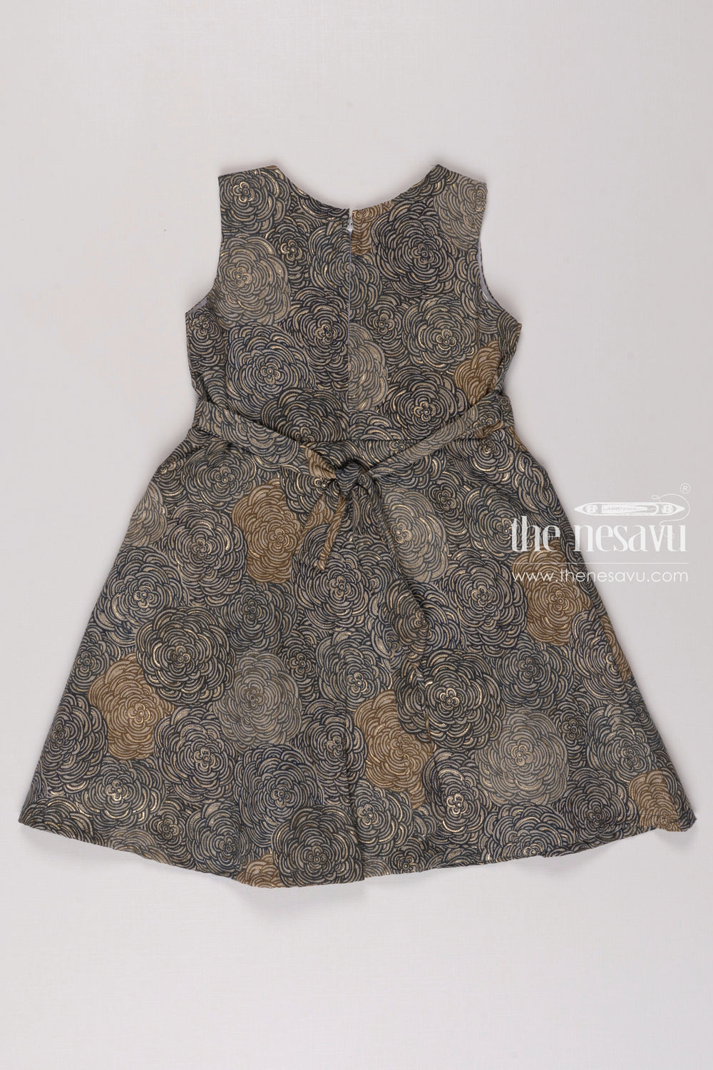 The Nesavu Girls Fancy Frock Slate Swirl Grey Rosette A Line Frock Gown for Girls Nesavu Girls A Line Frock with Swirl Rosette Pattern | Sophisticated Party Wear | The Nesavu