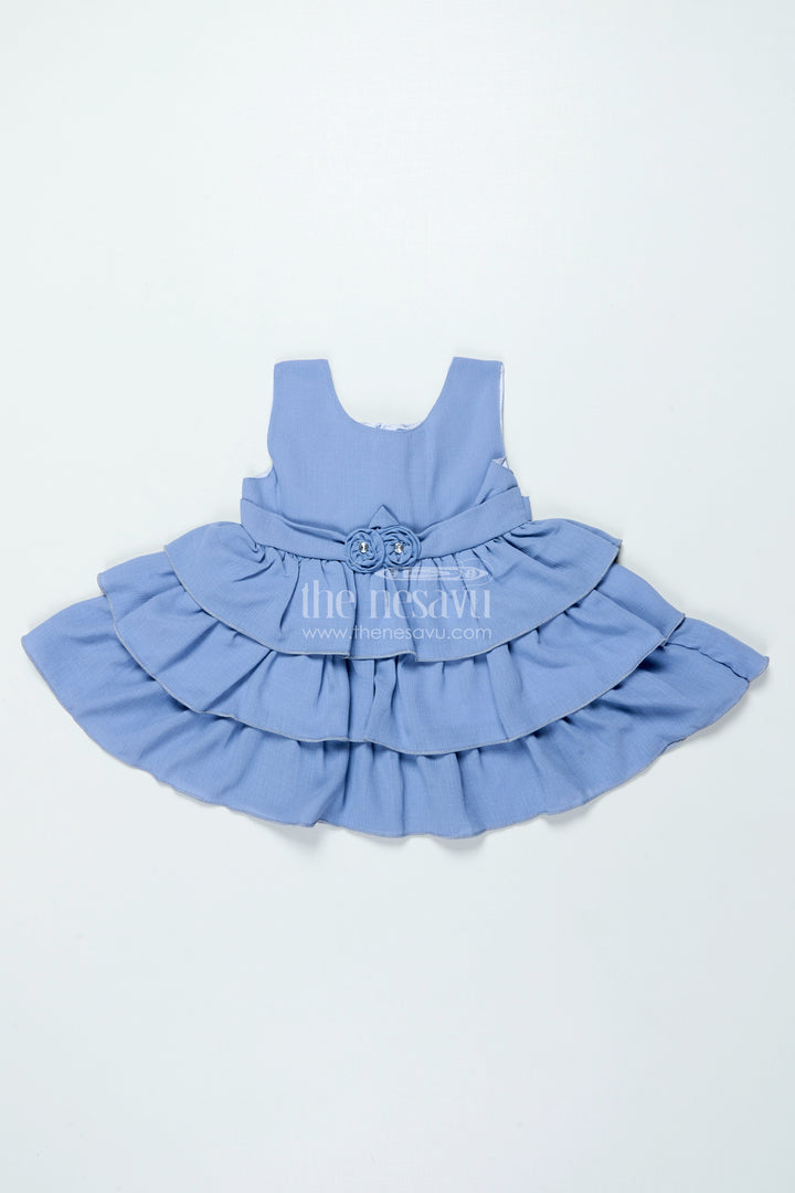 The Nesavu Baby Frocks Sleeveless Baby Frock In Georgette for Playdates and Photo Sessions Nesavu 14 (6M) / Blue BFJ867B-14 Nesavu sleeveless baby frock soft georgette pleated tiers casual wear outings