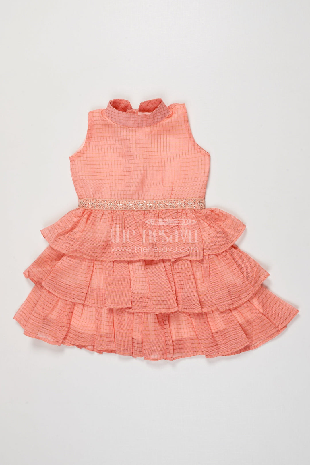 The Nesavu Girls Cotton Frock Sleeveless Baby Girl Frock with Layered Ruffles for Birthday Celebrations Nesavu 18 (2Y) / Pink GFC2019C-18 Nesavu baby girl frock with cotton ruffle tiers and sleeveless neckline for birthdays