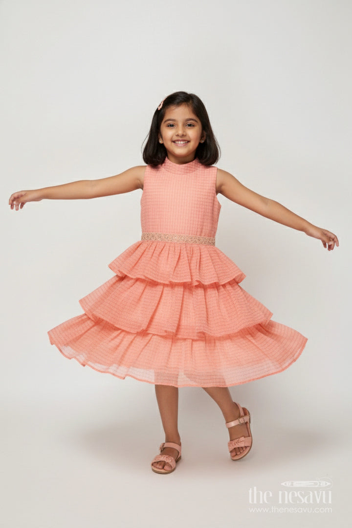 The Nesavu Girls Cotton Frock Sleeveless Baby Girl Frock with Layered Ruffles for Birthday Celebrations Nesavu 18 (2Y) / Pink GFC2019C-18 Nesavu baby girl frock with cotton ruffle tiers and sleeveless neckline for birthdays