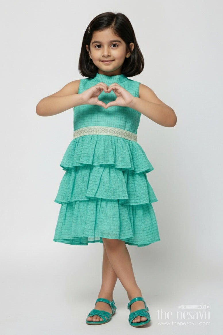 The Nesavu Girls Cotton Frock Sleeveless Baby Girl Frock with Ruffle Layers for Birthdays and Twirling Fun Nesavu 18 (2Y) / Green GFC2019A-18 Nesavu sleeveless cotton frock for baby girls with layered ruffles and festive waistband