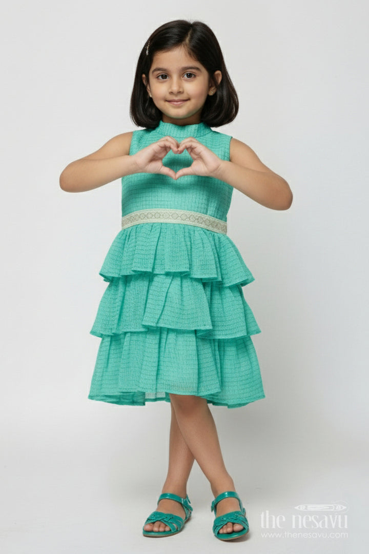 The Nesavu Girls Cotton Frock Sleeveless Baby Girl Frock with Ruffle Layers for Birthdays and Twirling Fun Nesavu 18 (2Y) / Green GFC2019A-18 Nesavu sleeveless cotton frock for baby girls with layered ruffles and festive waistband