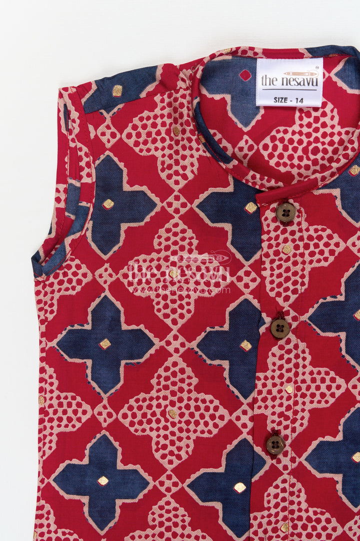 The Nesavu Baby Jablas Sleeveless Baby Jabla for Summer Comfort and Daily Wear Nesavu 10 (NB) / Red / Viscose Silk IF038A-10 Nesavu sleeveless baby jabla in soft modal silk with printed design – ideal for summer and home wear
