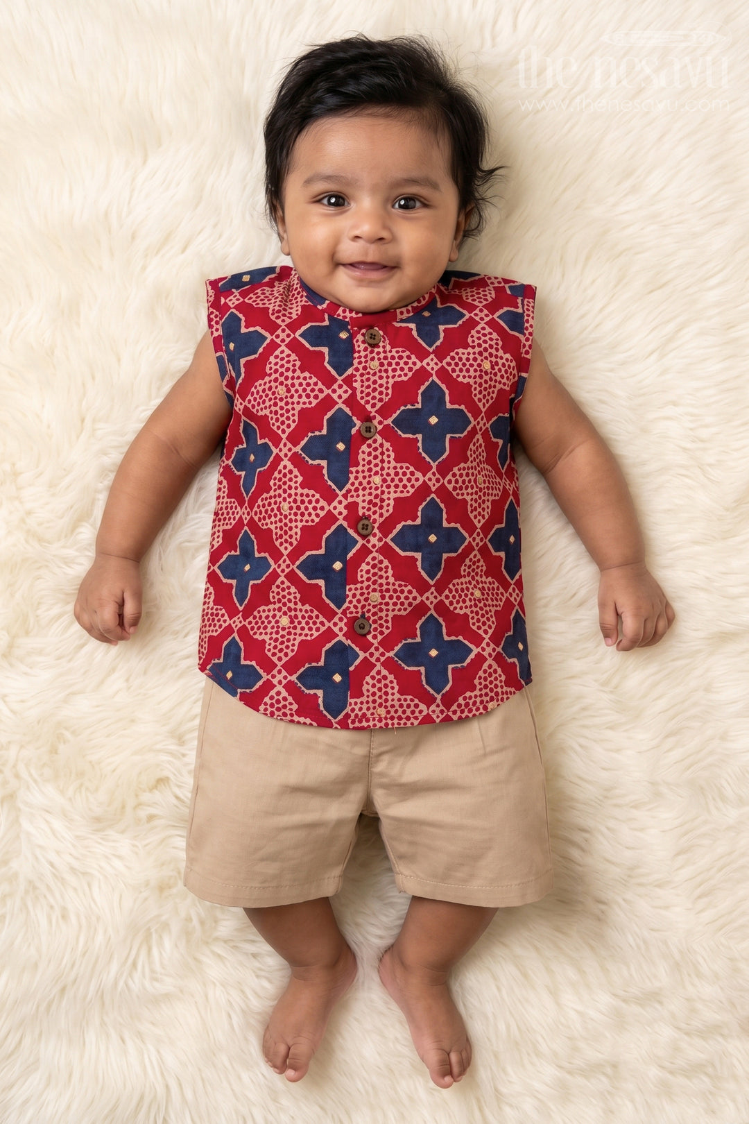 The Nesavu Baby Jablas Sleeveless Baby Jabla for Summer Comfort and Daily Wear Nesavu 10 (NB) / Red / Viscose Silk IF038A-10 Nesavu sleeveless baby jabla in soft modal silk with printed design – ideal for summer and home wear