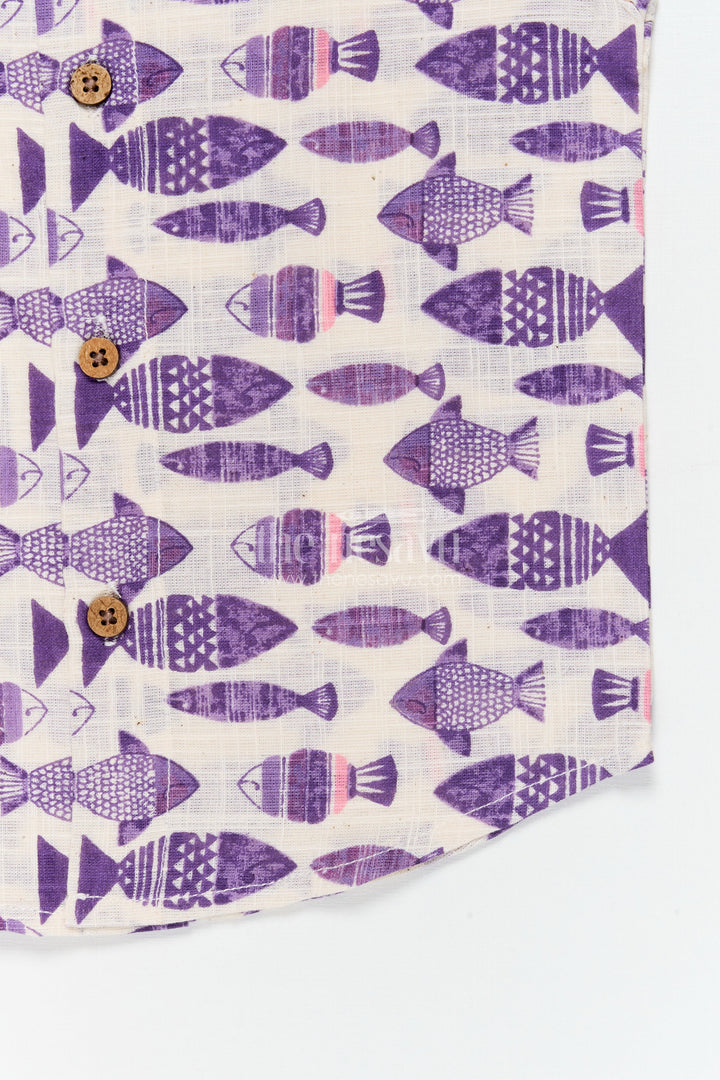 The Nesavu Baby Jablas Sleeveless Cotton Baby Jabla with Fish Print for Daily Wear Nesavu 10 (NB) / Purple / Cotton IF049B-10 Nesavu cotton baby jabla with fish print and front buttons – sleeveless everyday wear for infants