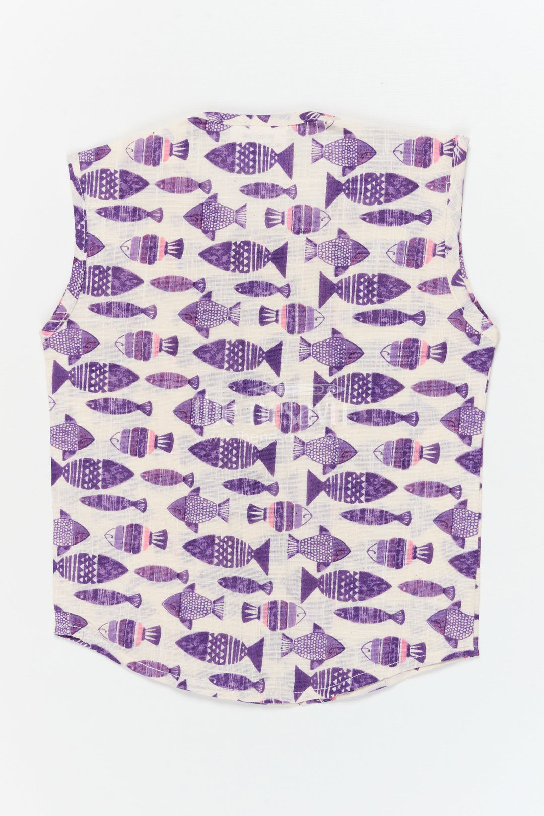 The Nesavu Baby Jablas Sleeveless Cotton Baby Jabla with Fish Print for Daily Wear Nesavu 10 (NB) / Purple / Cotton IF049B-10 Nesavu cotton baby jabla with fish print and front buttons – sleeveless everyday wear for infants