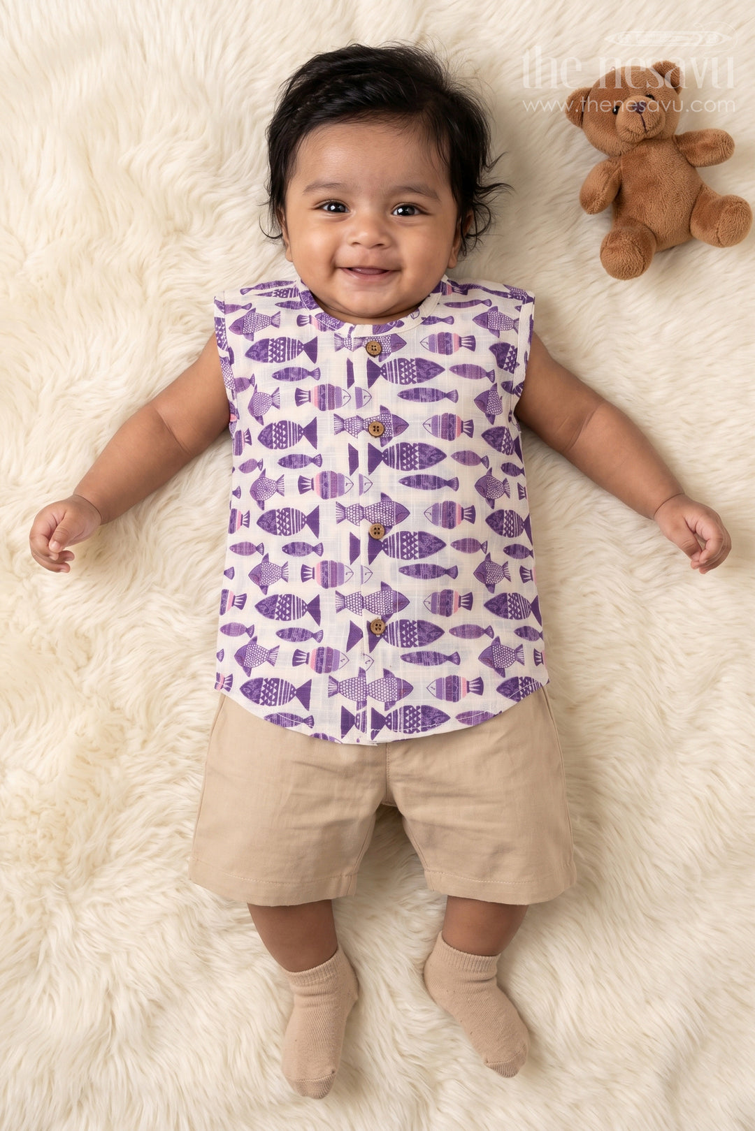 The Nesavu Baby Jablas Sleeveless Cotton Baby Jabla with Fish Print for Daily Wear Nesavu 10 (NB) / Purple / Cotton IF049B-10 Nesavu cotton baby jabla with fish print and front buttons – sleeveless everyday wear for infants