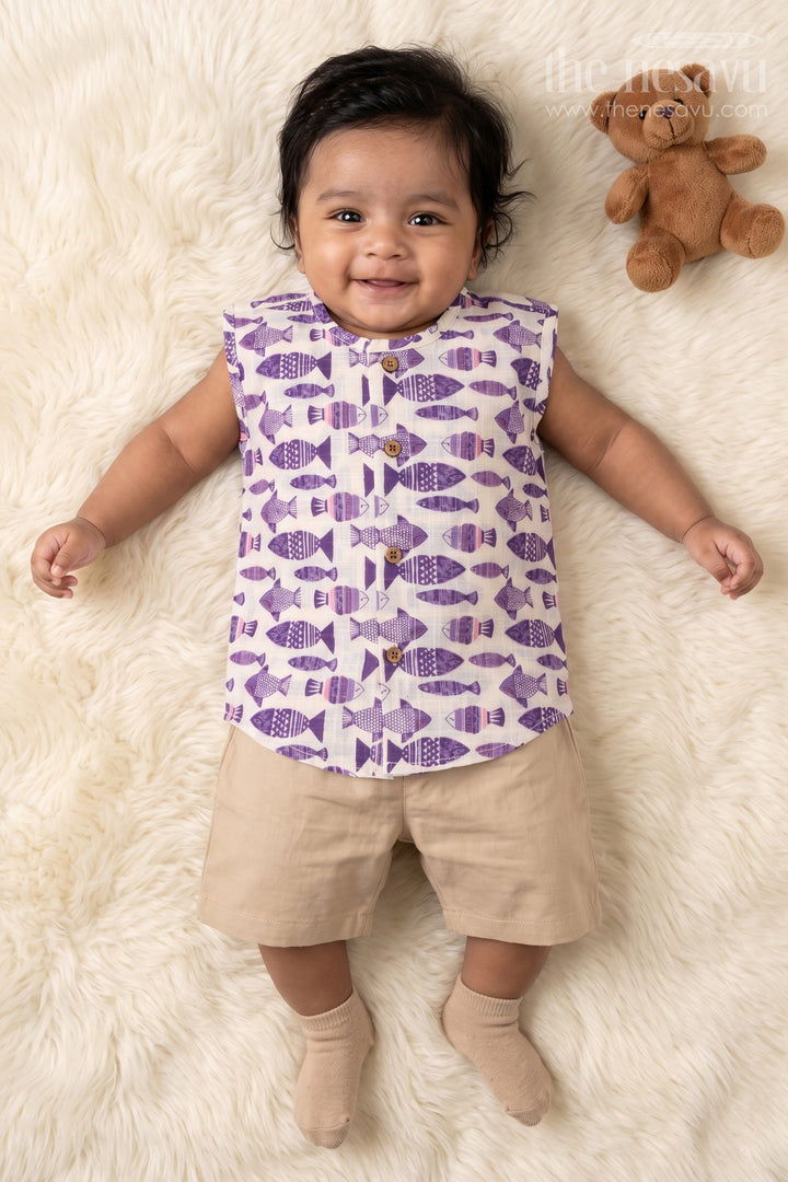 The Nesavu Baby Jablas Sleeveless Cotton Baby Jabla with Fish Print for Daily Wear Nesavu 10 (NB) / Purple / Cotton IF049B-10 Nesavu cotton baby jabla with fish print and front buttons – sleeveless everyday wear for infants