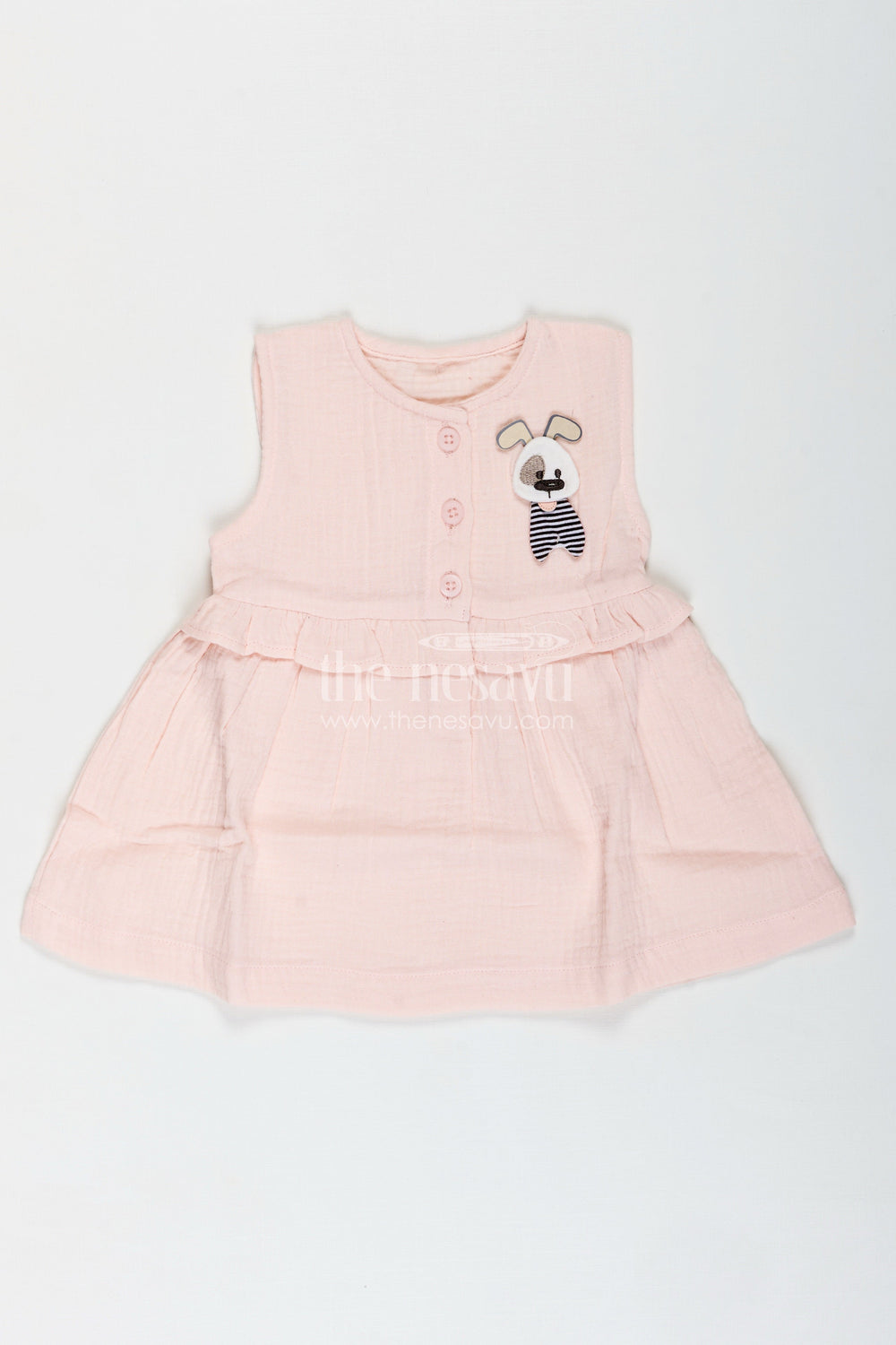 The Nesavu Baby Cotton Frocks Sleeveless Cotton Dress for Baby Girls with Puppy Motif Nesavu 10 (NB) / Peach BFJ834A-10 Nesavu Muslin Cotton Sleeveless Baby Dress Dog Embroidery Infants Toddlers