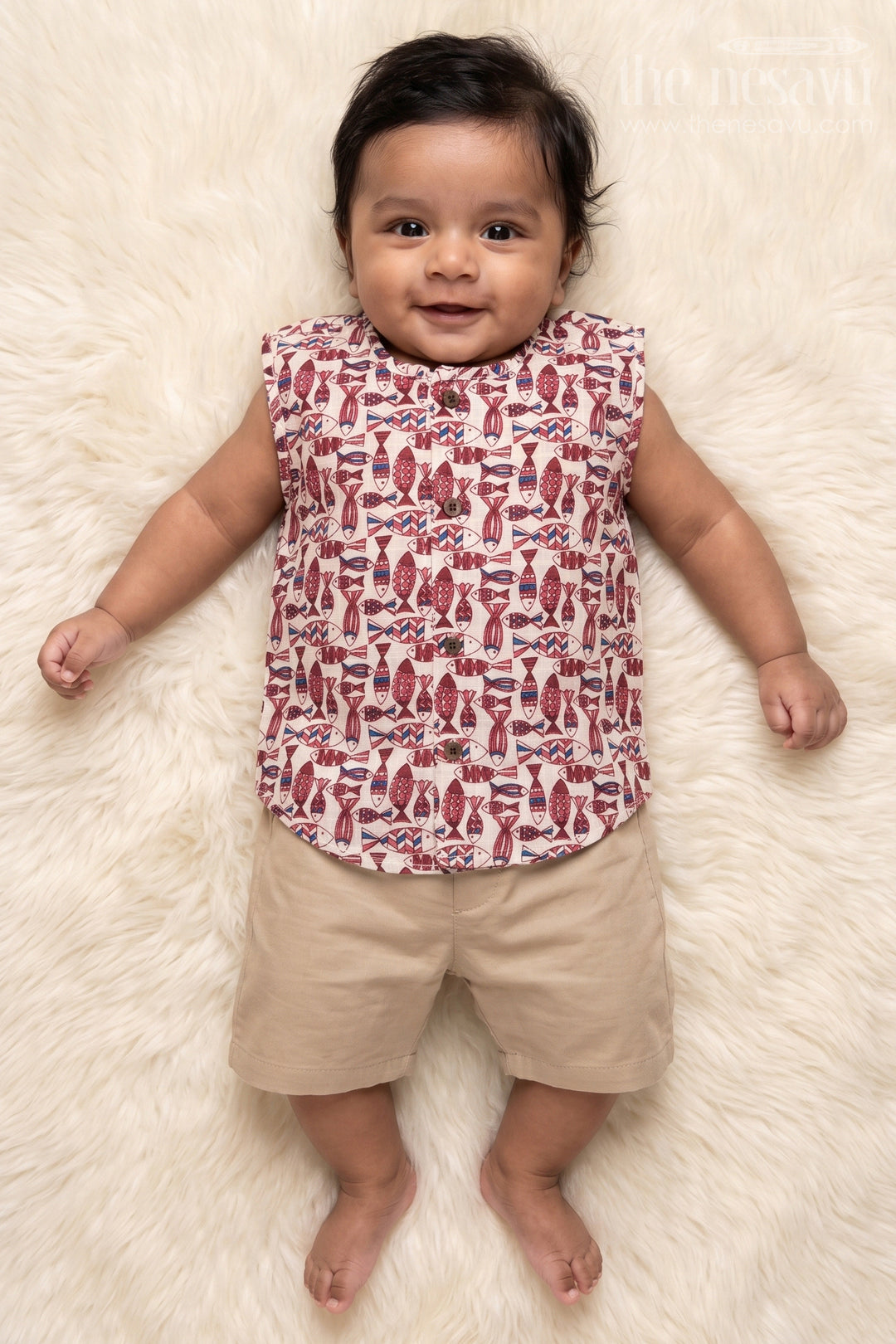 The Nesavu Baby Jablas Sleeveless Cotton Jabla for Babies with Button Front and Artistic Print Nesavu 10 (NB) / Maroon / Cotton IF050B-10 Nesavu sleeveless baby jabla with wooden buttons and textured digital print – everyday cotton essential