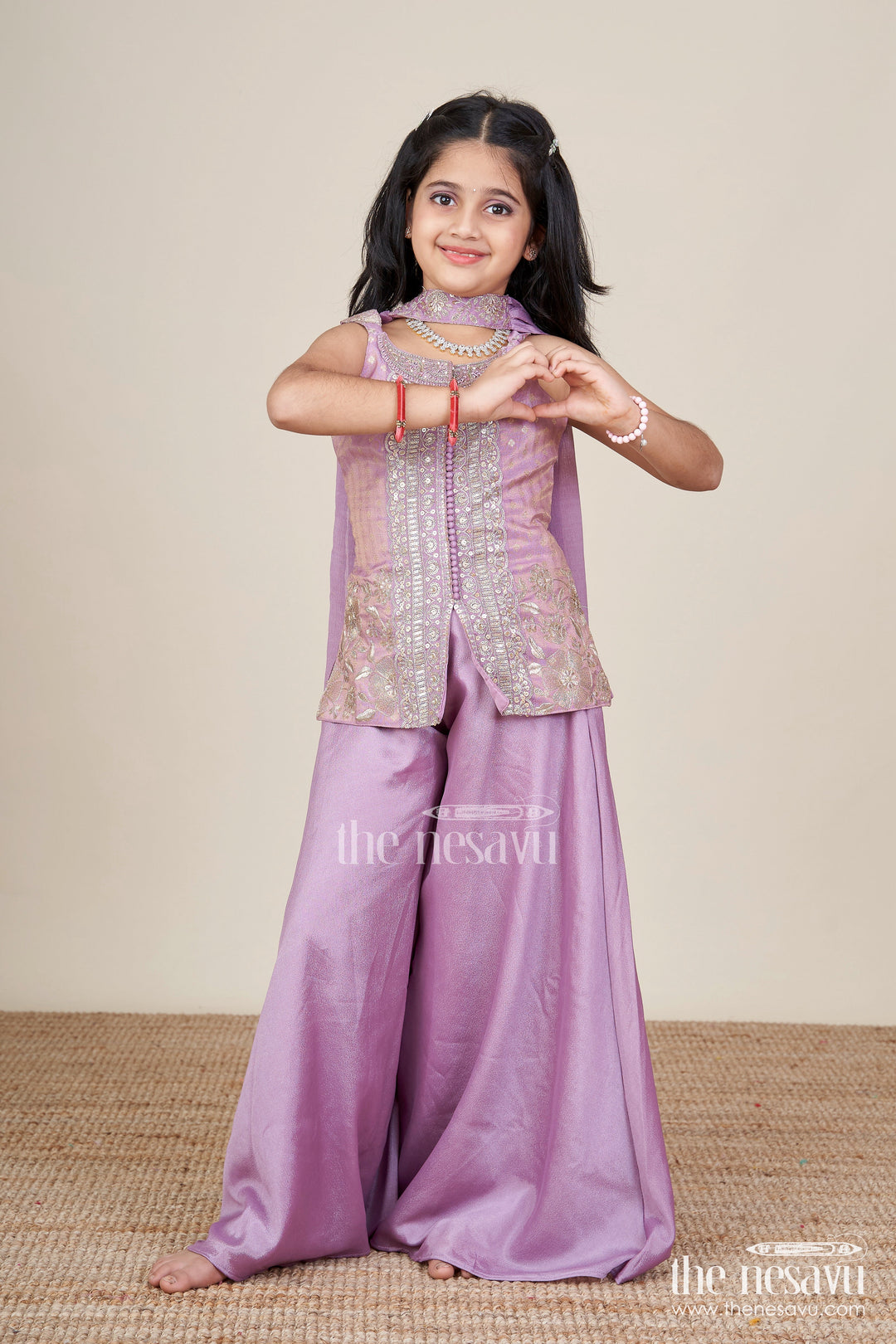 The Nesavu Girls Sharara / Plazo Set Sleeveless Ethnic Sharara Set with Intricate Embroidery for Festive Occasions Nesavu 28 (7Y) / Purple GPS868A-28 Nesavu girls sharara set embroidered viscose silk top flared pants celebrations