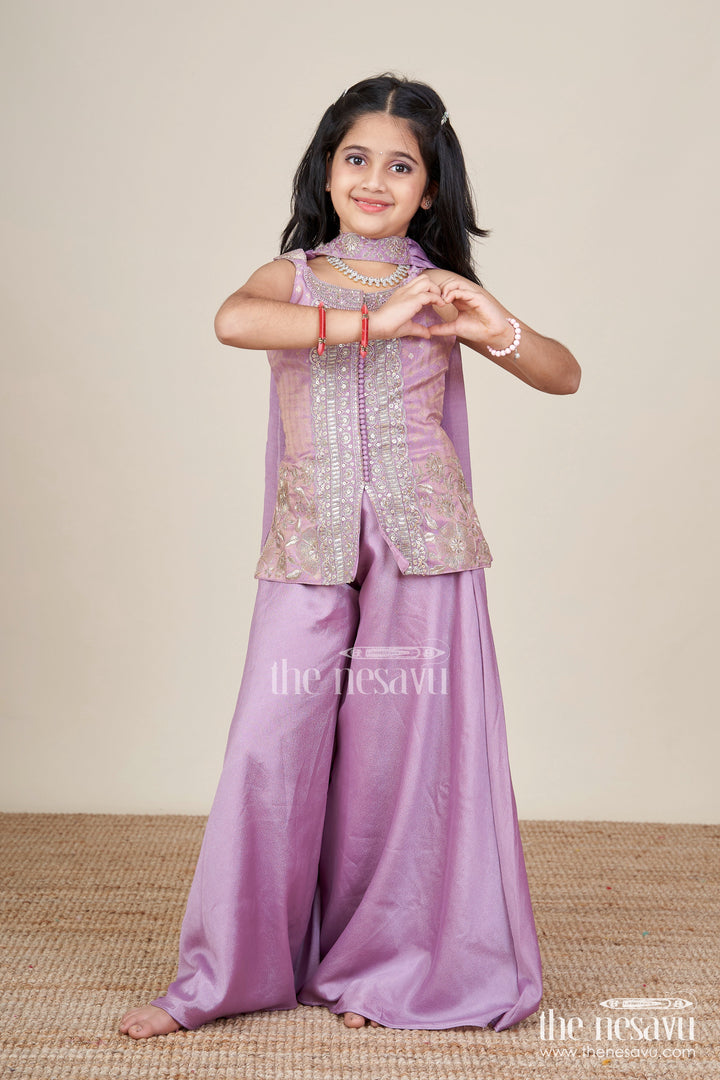The Nesavu Girls Sharara / Plazo Set Sleeveless Ethnic Sharara Set with Intricate Embroidery for Festive Occasions Nesavu 28 (7Y) / Purple GPS868A-28 Nesavu girls sharara set embroidered viscose silk top flared pants celebrations