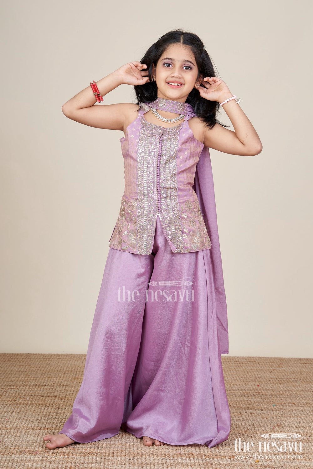 The Nesavu Girls Sharara / Plazo Set Sleeveless Ethnic Sharara Set with Intricate Embroidery for Festive Occasions Nesavu Nesavu girls sharara set embroidered viscose silk top flared pants celebrations