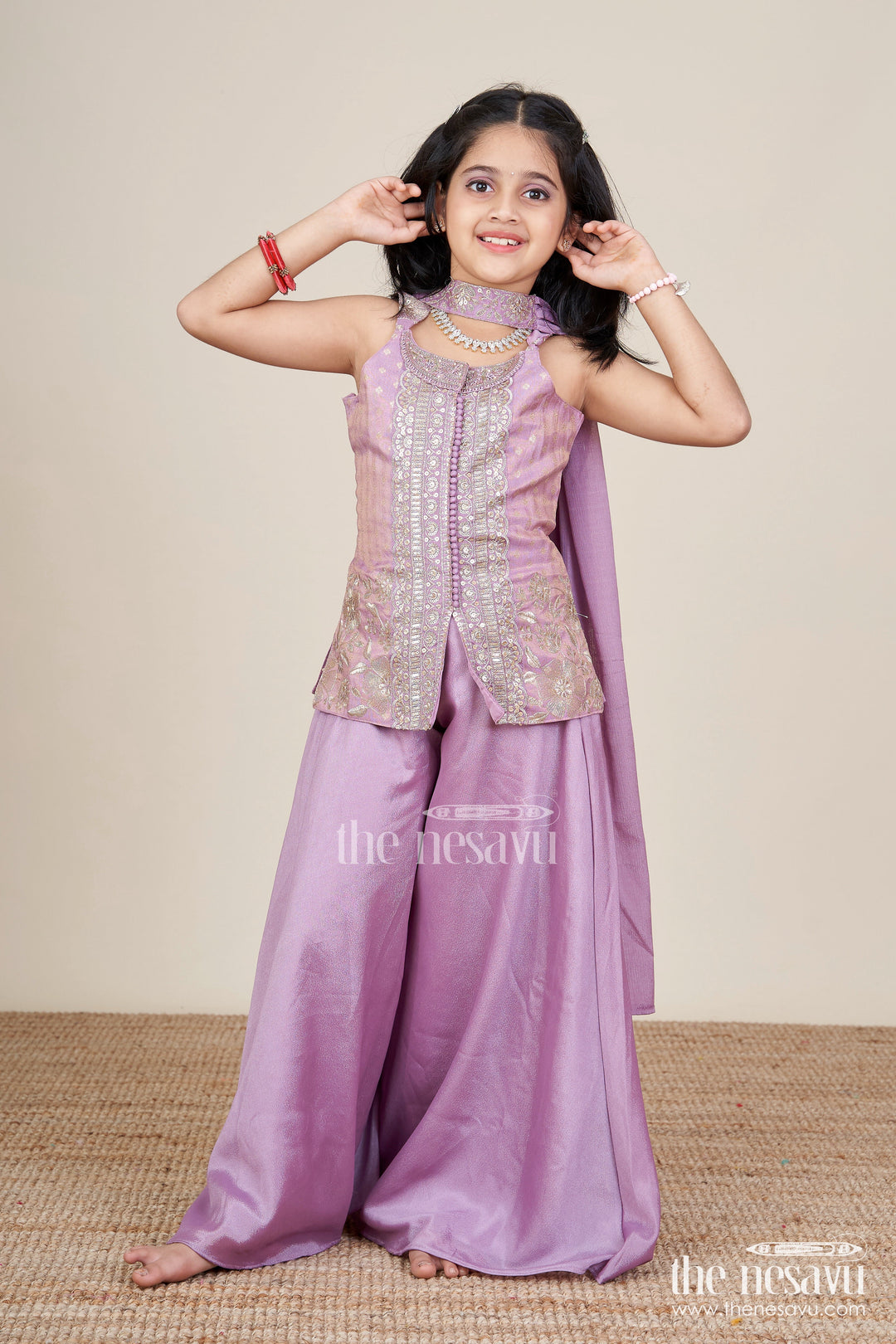 The Nesavu Girls Sharara / Plazo Set Sleeveless Ethnic Sharara Set with Intricate Embroidery for Festive Occasions Nesavu Nesavu girls sharara set embroidered viscose silk top flared pants celebrations