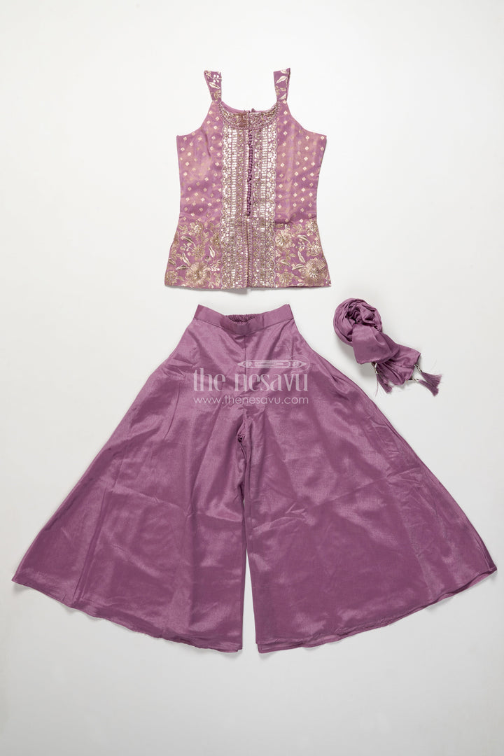 The Nesavu Girls Sharara / Plazo Set Sleeveless Ethnic Sharara Set with Intricate Embroidery for Festive Occasions Nesavu Nesavu girls sharara set embroidered viscose silk top flared pants celebrations