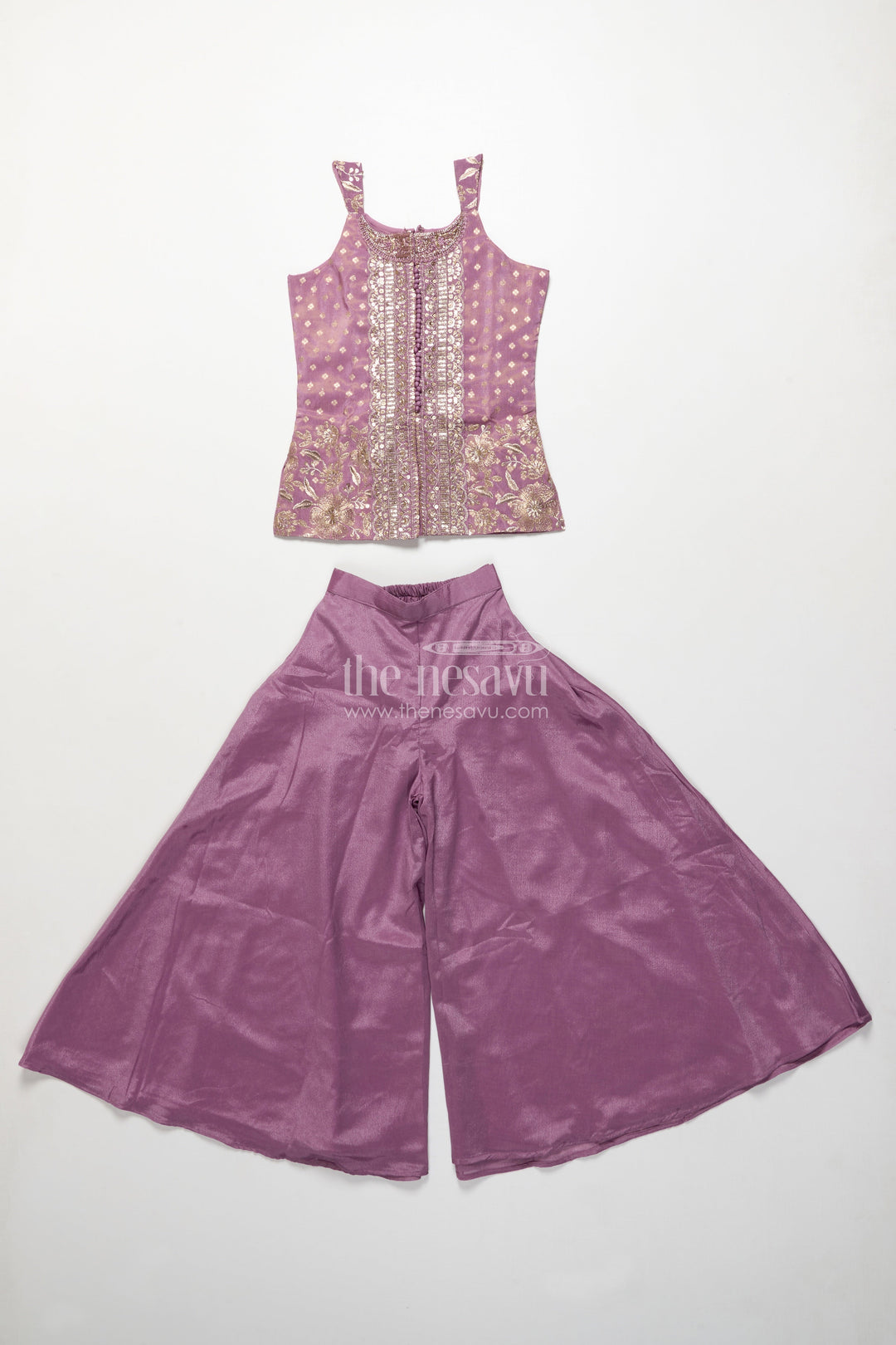 The Nesavu Girls Sharara / Plazo Set Sleeveless Ethnic Sharara Set with Intricate Embroidery for Festive Occasions Nesavu Nesavu girls sharara set embroidered viscose silk top flared pants celebrations