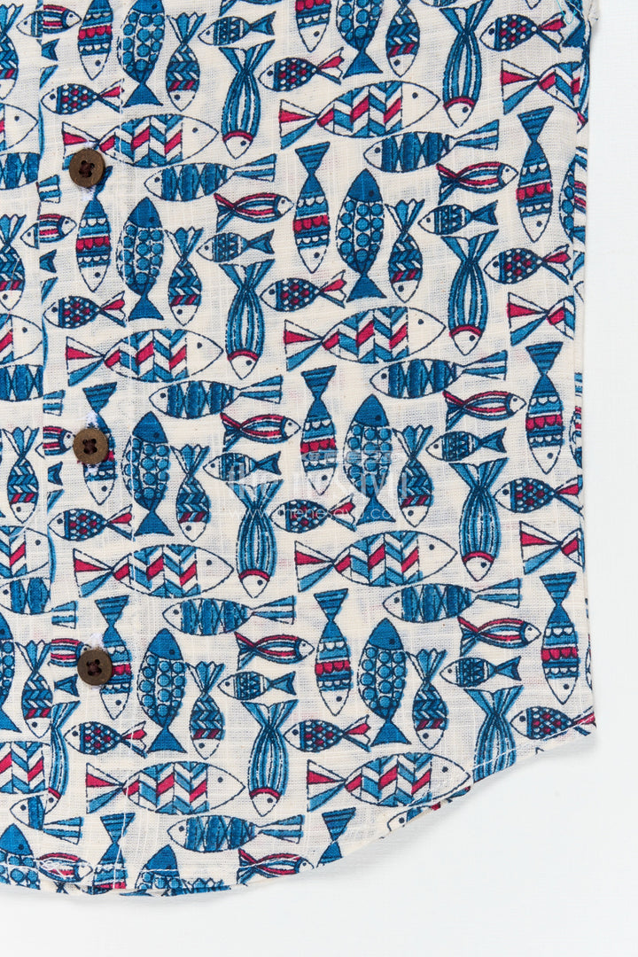 The Nesavu Baby Jablas Sleeveless Fish Print Jabla for Infants in Breathable Cotton Nesavu 10 (NB) / Blue / Cotton IF050D-10 Nesavu cotton sleeveless jabla for babies with fish print and easy button closure