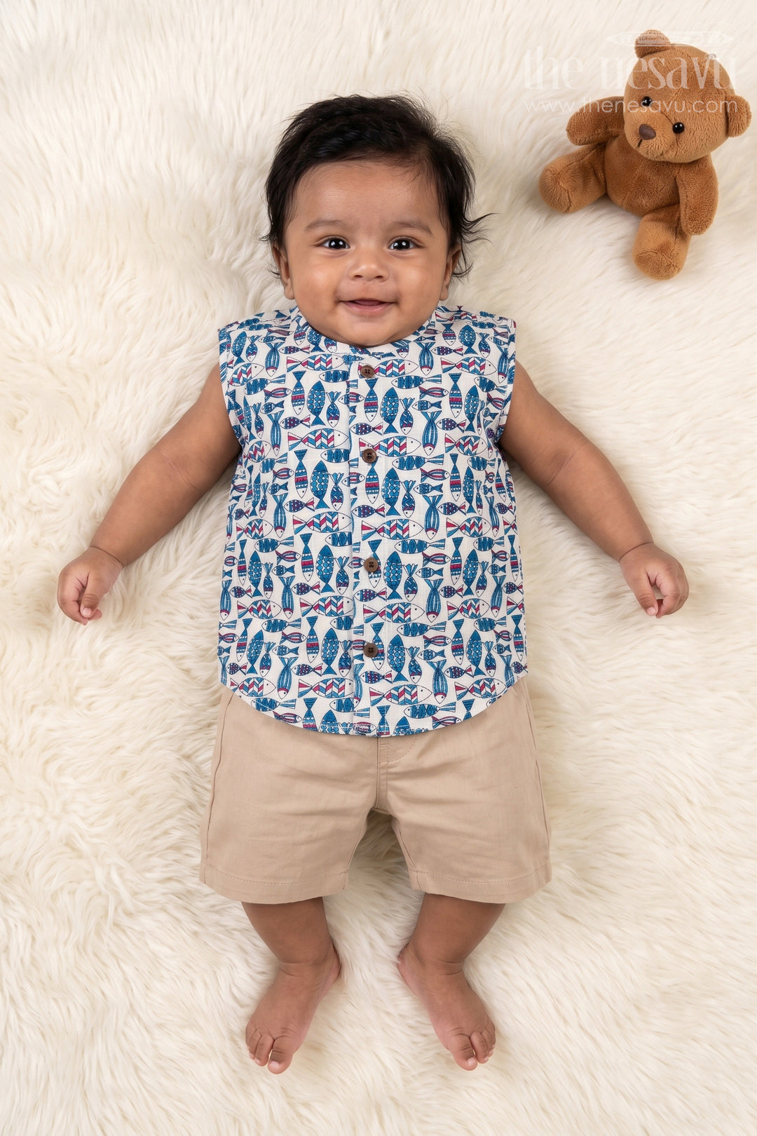 The Nesavu Baby Jablas Sleeveless Fish Print Jabla for Infants in Breathable Cotton Nesavu 10 (NB) / Blue / Cotton IF050D-10 Nesavu cotton sleeveless jabla for babies with fish print and easy button closure