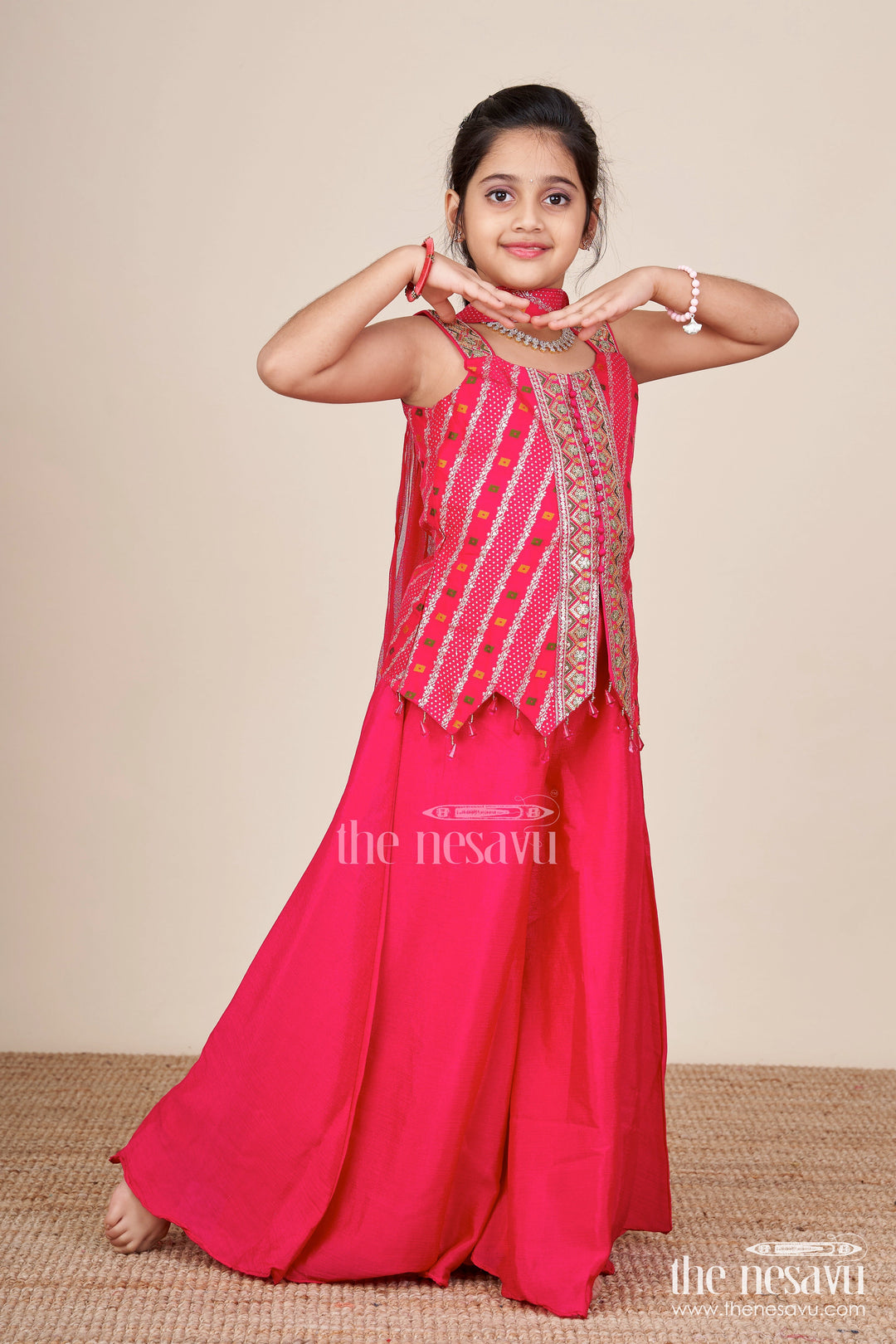 The Nesavu Girls Sharara / Plazo Set Sleeveless Flared Plazo Set with Mirror Embroidered Top Festive Ethnic Look for Girls Nesavu 26 (6Y) / Pink GPS749A-26 Mirror embroidered plazo set girls  festive ethnic wear Nesavu