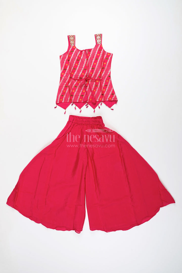 The Nesavu Girls Sharara / Plazo Set Sleeveless flared plazo set with mirror embroidered top – festive ethnic look for girls Nesavu Mirror embroidered plazo set girls  festive ethnic wear Nesavu