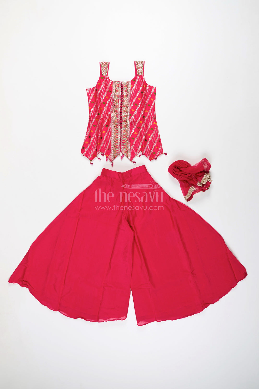 The Nesavu Girls Sharara / Plazo Set Sleeveless flared plazo set with mirror embroidered top – festive ethnic look for girls Nesavu Mirror embroidered plazo set girls  festive ethnic wear Nesavu