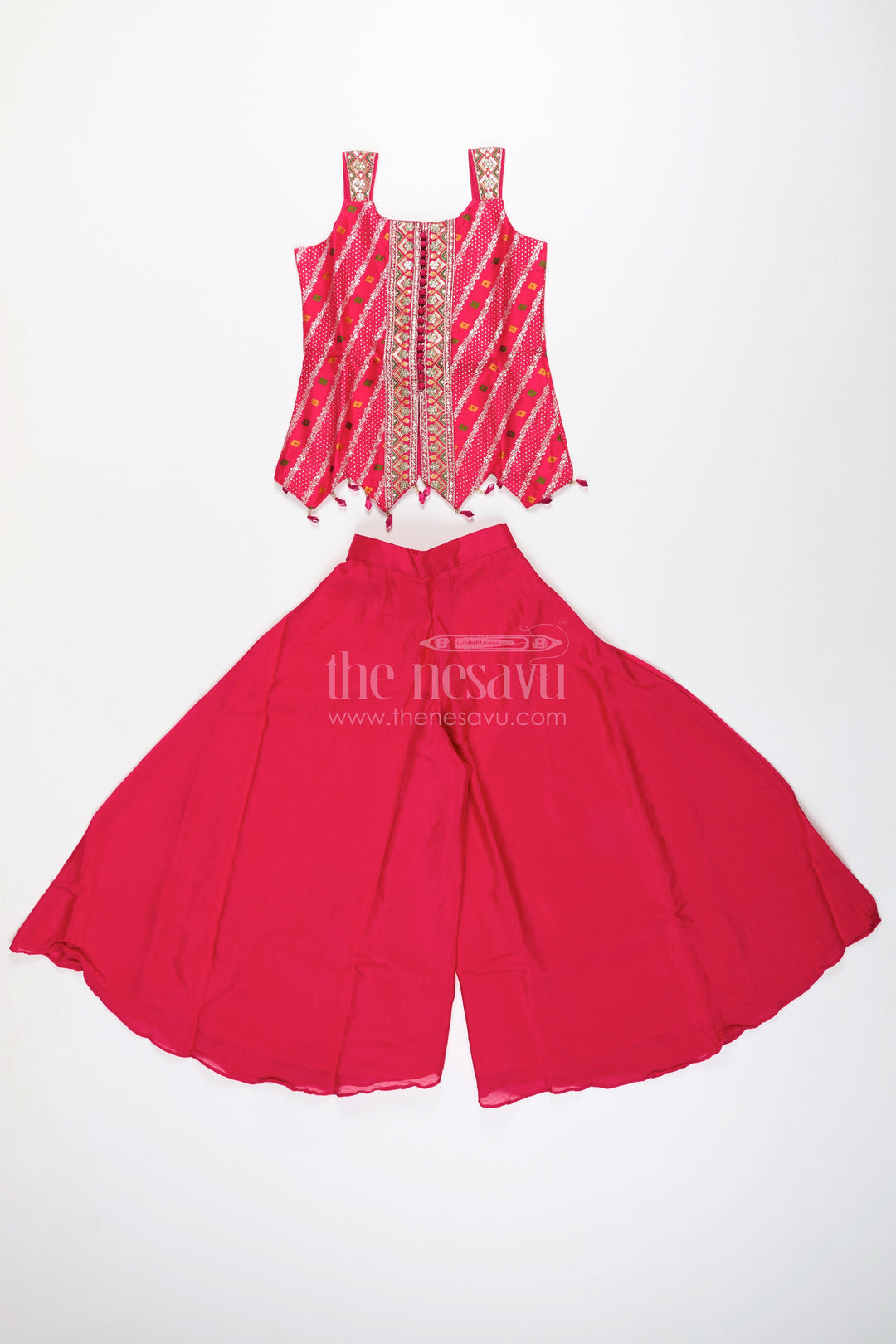 The Nesavu Girls Sharara / Plazo Set Sleeveless flared plazo set with mirror embroidered top – festive ethnic look for girls Nesavu Mirror embroidered plazo set girls  festive ethnic wear Nesavu