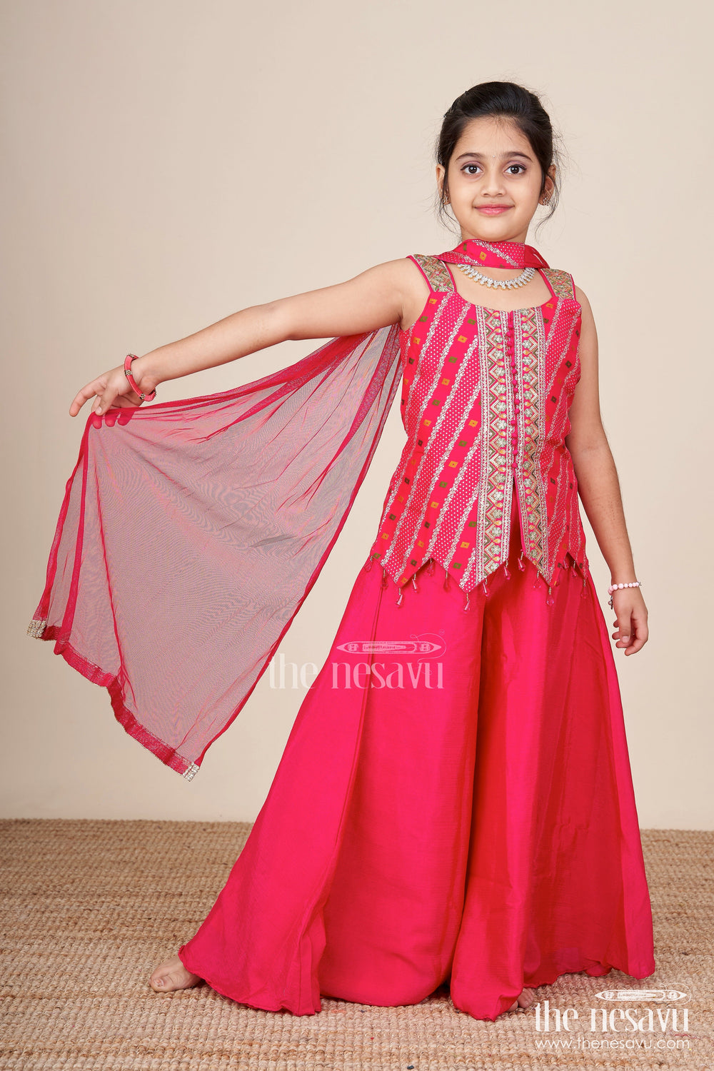 The Nesavu Girls Sharara / Plazo Set Sleeveless Flared Plazo Set with Mirror Embroidered Top Festive Ethnic Look for Girls Nesavu Mirror embroidered plazo set girls  festive ethnic wear Nesavu