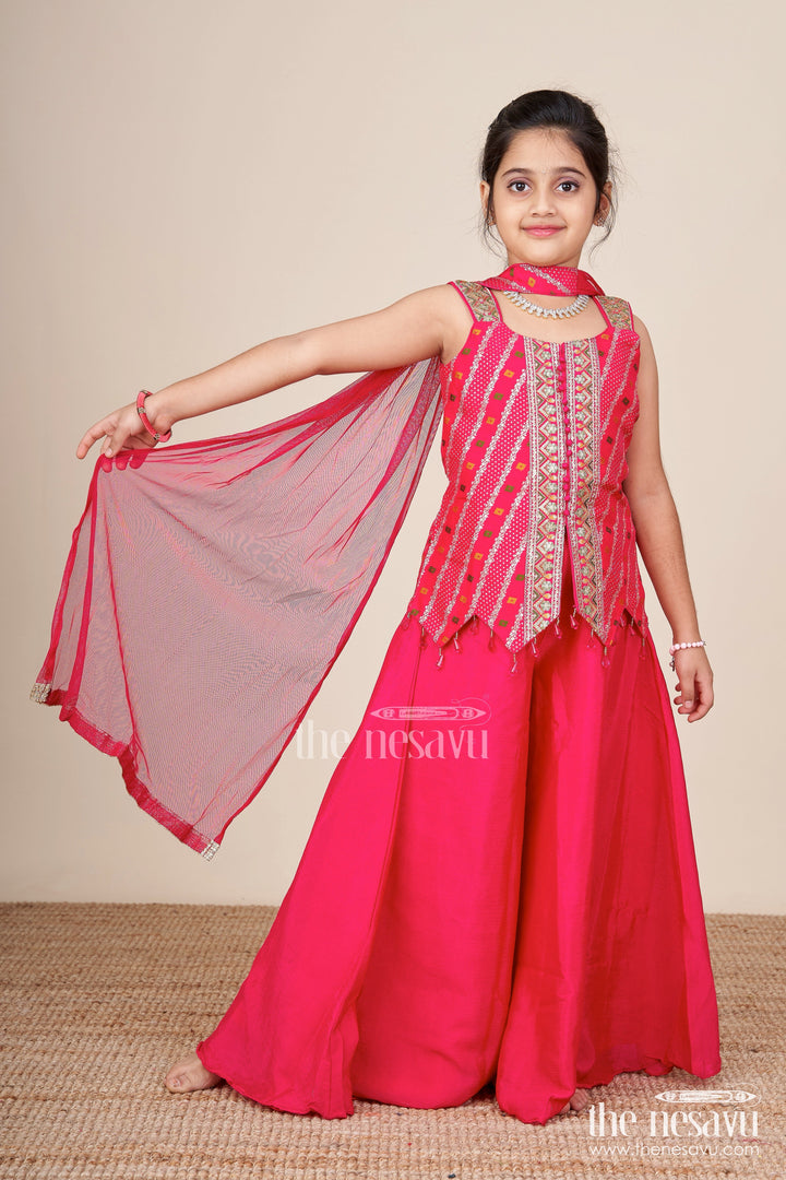 The Nesavu Girls Sharara / Plazo Set Sleeveless Flared Plazo Set with Mirror Embroidered Top Festive Ethnic Look for Girls Nesavu Mirror embroidered plazo set girls  festive ethnic wear Nesavu