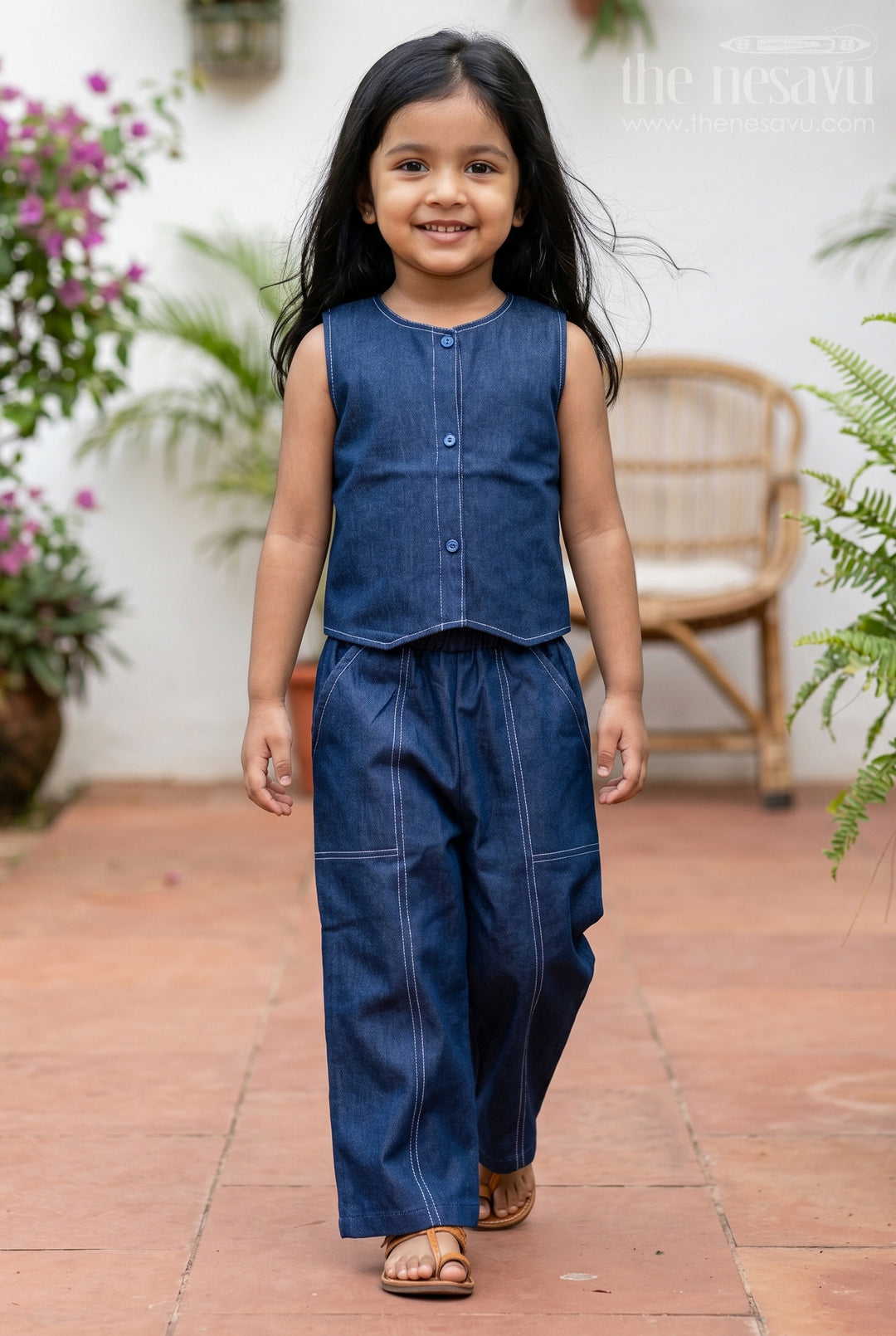 The Nesavu Girls Co-Ord Sets Sleeveless Girls Co Ord Set for Casual Travel Styling Nesavu 22 (4Y) / Blue / Cotton Blend GCS066A-22 Nesavu Sleeveless Girls Co Ord Set With Wide Leg Pants For Casual Travel Styling