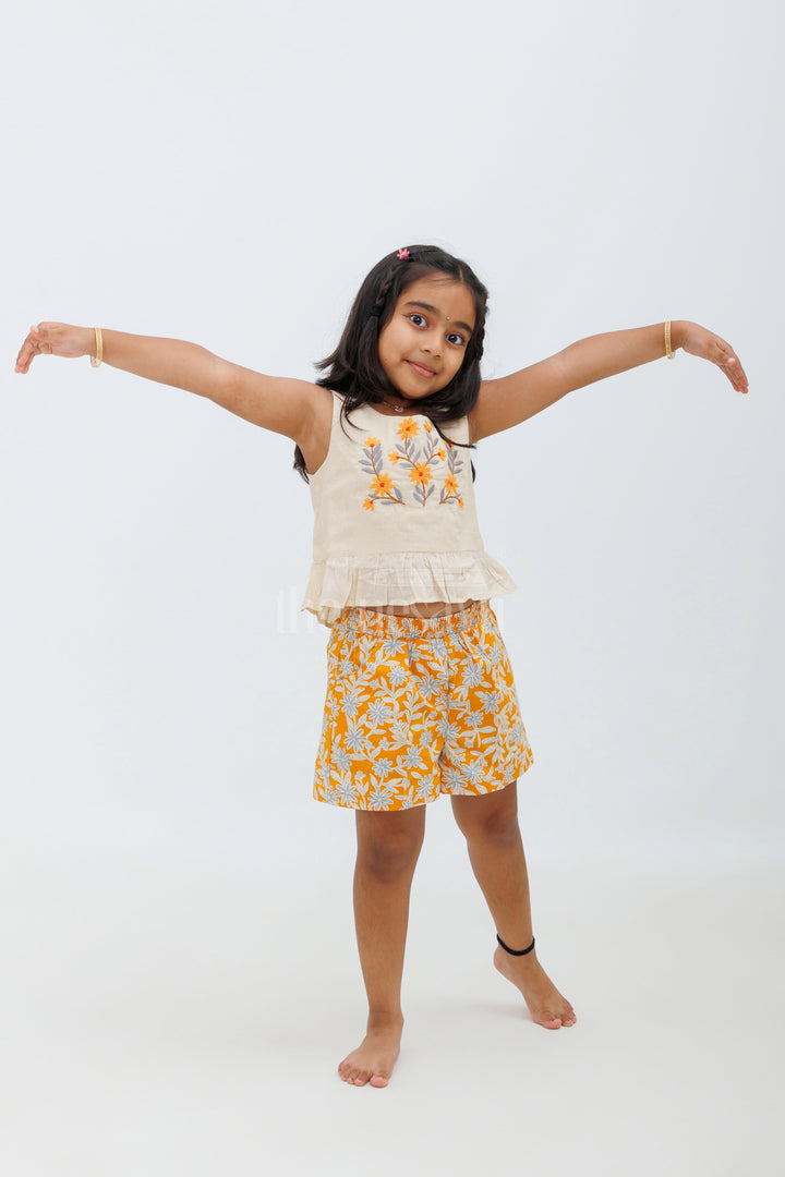 The Nesavu Baby Casual Sets Sleeveless Hand Block Printed Cotton Shorts Set - Beige and Orange Nesavu Sleeveless Hand Block Printed Cotton Shorts Set for Girls - Beige and Orange