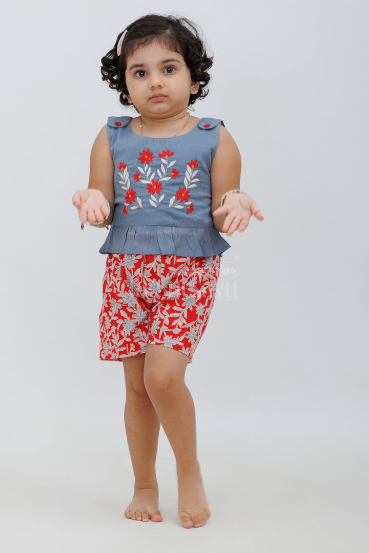 The Nesavu Baby Casual Sets Sleeveless Hand Block Printed Cotton Shorts Set - Grey and Red Nesavu Sleeveless Hand Block Printed Cotton Shorts Set for Girls - Grey and Red