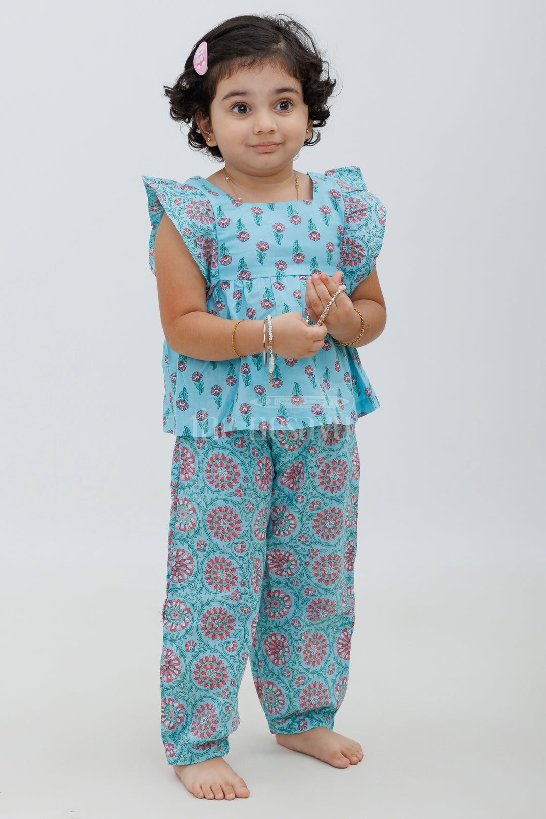 The Nesavu Girls Sharara / Plazo Set Sleeveless Jaipur Cotton Print Top and Haram Pant Set - Aqua and Pink Nesavu 10 (NB) / Blue GPS369A-10 Sleeveless Jaipur Cotton Print Top and Haram Pant Set - Aqua and Pink for Girls