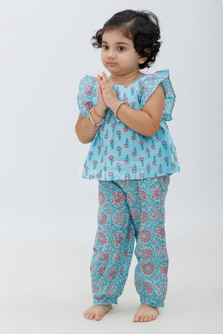 The Nesavu Girls Sharara / Plazo Set Sleeveless Jaipur Cotton Print Top and Haram Pant Set - Aqua and Pink Nesavu Sleeveless Jaipur Cotton Print Top and Haram Pant Set - Aqua and Pink for Girls