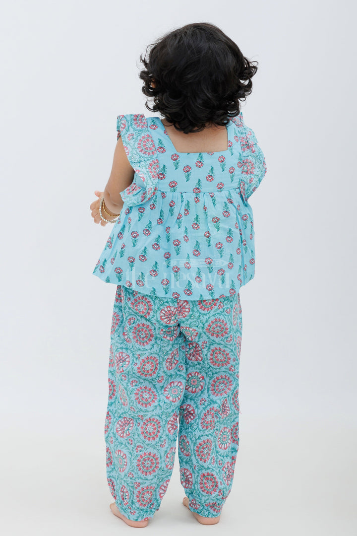 The Nesavu Girls Sharara / Plazo Set Sleeveless Jaipur Cotton Print Top and Haram Pant Set - Aqua and Pink Nesavu Sleeveless Jaipur Cotton Print Top and Haram Pant Set - Aqua and Pink for Girls