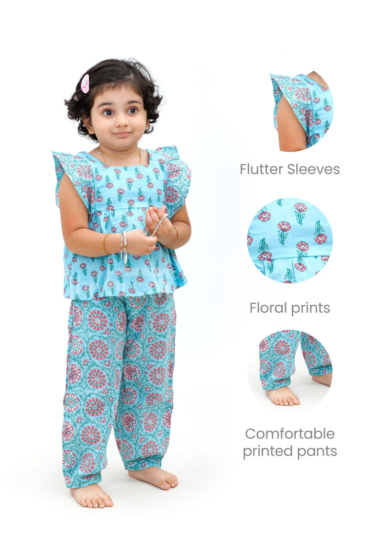 The Nesavu Girls Sharara / Plazo Set Sleeveless Jaipur Cotton Print Top and Haram Pant Set - Aqua and Pink Nesavu Sleeveless Jaipur Cotton Print Top and Haram Pant Set - Aqua and Pink for Girls