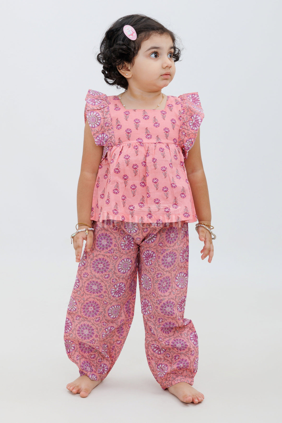 The Nesavu Girls Sharara / Plazo Set Sleeveless Jaipur Cotton Print Top and Haram Pant Set - Coral and Purple Nesavu 10 (NB) / Gray GPS369B-10 Sleeveless Jaipur Cotton Print Top and Haram Pant Set - Coral and Purple for Girls