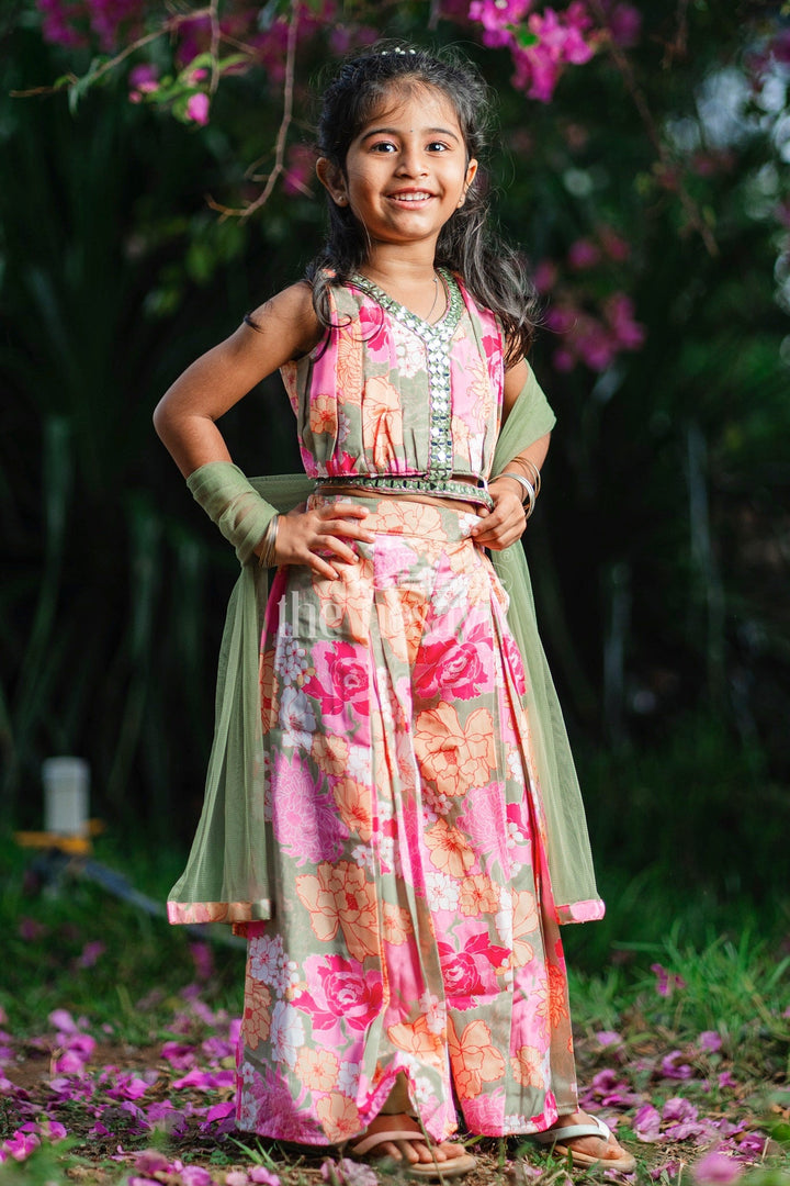 The Nesavu Girls Sharara / Plazo Set Sleeveless Pink Floral Girls Sharara Set with Beaded Detailing and Wide-Legged Palazzo Pants Nesavu 16 (1Y) / Pink GPS433A-16 Nesavu Pink Floral Girls Sharara Set Beaded V-Neck Top Wide-Leg Palazzo Pants